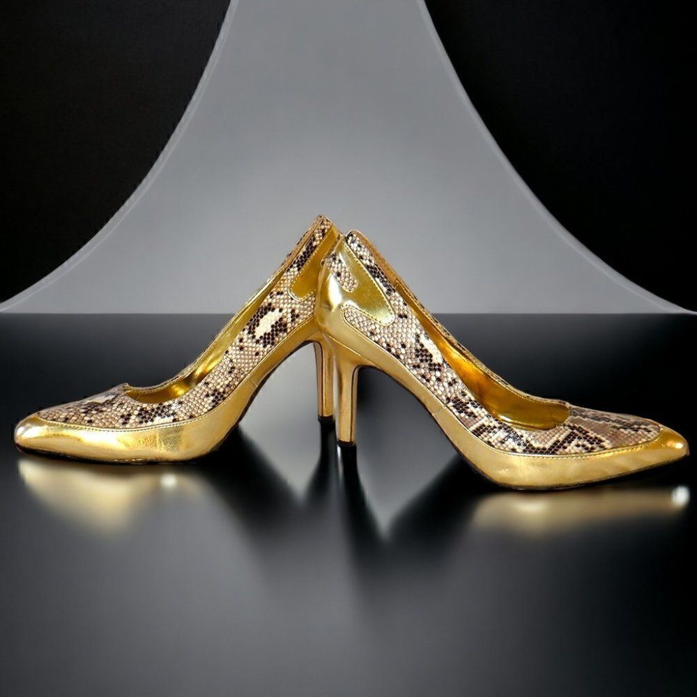 Natalie bright gold animal print accent party heels pumps